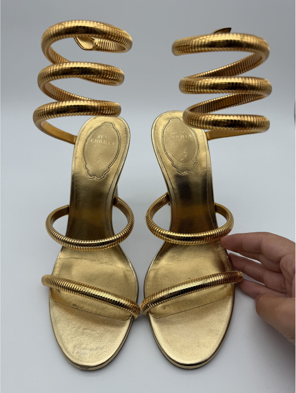 Rene Caovilla Gold Snake Spiral-Wrap Stiletto Heel, Size 38 - Picture 2 of 16